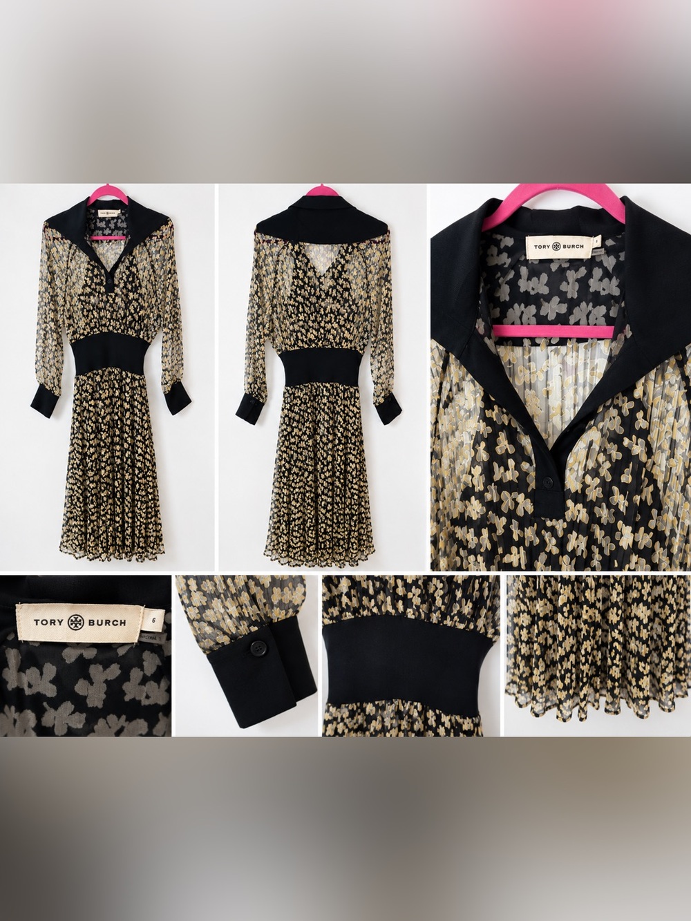 Tory Burch Black and Gold Floral Pleated Midi Dress with Contrast Collar